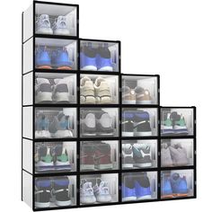 several rows of shoes are arranged in the same pattern as one row of four boxes