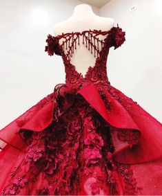 2019 Chic Ball Gown V Neck Beads Appliques Red Off-the-Shoulder Long Prom Dresses,177 sold by muttie dresses on Storenvy Burgundy Homecoming Dress, Quincenera Dresses, Red Quinceanera Dresses, Princess Prom Dresses, Floral Prom Dresses, Lace Ball Gowns, Quinceanera Ideas, Dress Luxury, Prom Dresses Two Piece