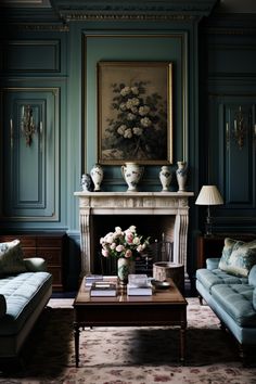 a living room with two couches and a table in front of a painting on the wall