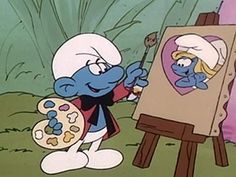 the smurf is painting on an easel in front of another cartoon character