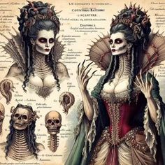 an image of skeletons and skeleton women in victorian costumes with skulls on their heads, arms and