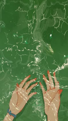 two hands reaching for each other in the water with green and blue colors around them