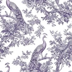 a purple and white wallpaper with two peacocks on the tree branches in front of it