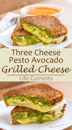 three cheese pesto avocado grilled cheese sandwiches are stacked on each other