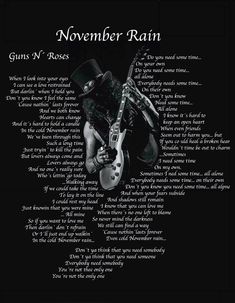 a black and white photo with the words november rain written in front of an image of a man holding a guitar