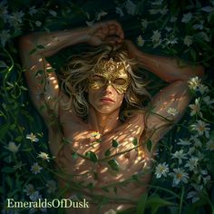 a painting of a naked woman surrounded by wildflowers and daisies, with the sun shining on her face