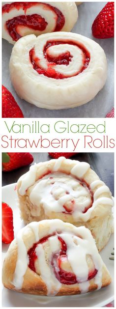 strawberry glazeed strawberries rolls with icing on top and in the middle