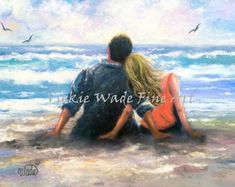 a painting of two people sitting on the beach