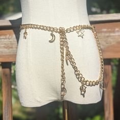 Gold Toned, Celestial Moon And Star Waist Chain Statement Fashion Belt, With Dangling Moon And Star Charms. This Belt Is Adjustable And Measures At It's Longest To 47 Inches. This Has A Large Lobster Claw Clasp Closure. Nwot. Great For, Cottagecore, Whimsigoth, Fairy/Fairycore, Gothic, Hippie, Y2k And Just Alternative Styles In General. Bohemian Gold Chain Belt Gift, Bohemian Gold Chain Belt As A Gift, Bohemian Gold Chain Belt - Perfect Gift, Bohemian Gold Chain Belt - Perfect As A Gift, Belt Charms, Moon Outfit, Cottagecore Whimsigoth, Gothic Hippie, Waist Chain Belt