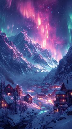 the night sky is filled with colorful lights and snow covered mountains, as well as houses