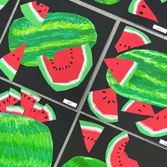 watermelon slices are cut out and placed on top of each other to make an art project