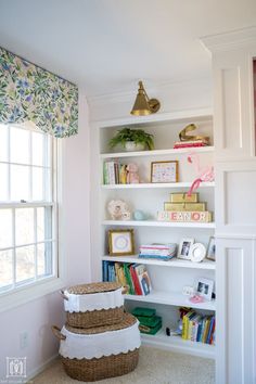 the bookshelves in this room are filled with children's books and toys