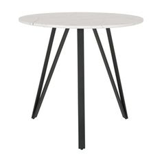 a white table with black legs and a round top, on a white background in front of a white backdrop