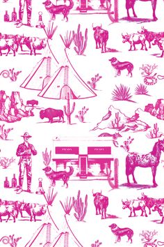 an image of various farm animals and people in the wild on a white background with pink ink