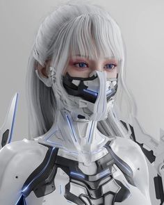 a woman with long white hair and blue eyes wearing futuristic armor, posing for the camera