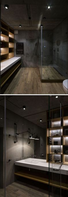 two pictures of a bathroom with wooden flooring and glass partitions to the wall