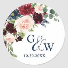 wedding stickers with flowers and the initials g & w in red, pink, purple