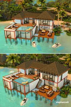 two renderings of a house on the beach with water and palm trees in the background