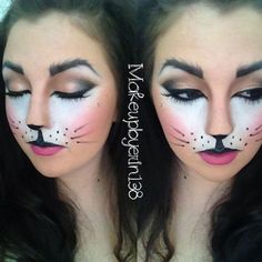 White Rabbit Face Paint, Rabbit Face Makeup, Pink Panther Makeup, Bunny Halloween Makeup, Cat Costume Makeup, Black Cat Makeup, Cute Cat Costumes, Bird Makeup, Kitten Costumes