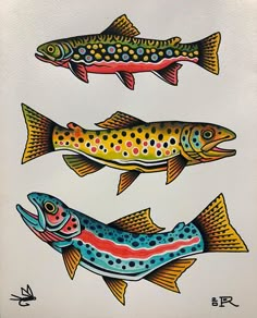 three different colored fish on white paper