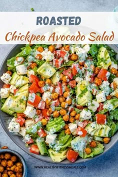 chickpea avocado salad in a bowl with the words roasted on top