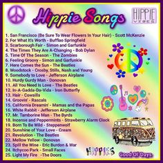 the hippie song list is displayed in front of a rainbow colored background with flowers and hearts