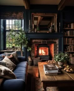 a living room filled with furniture and a fire place next to a book shelf full of books