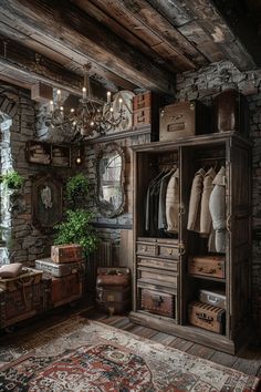 an old fashioned bedroom with stone walls and wooden furniture, including a large rug on the floor