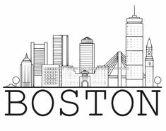 the boston skyline in black and white with the word boston on it's side