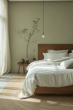 a bed with white linens and pillows in a bedroom next to a large window