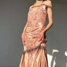 Gorgeous Rose Pink Slinky Maxi Gown With Lace And Rose Applique. Soft Slinky Fabric. Measurements (In Inches) 32 In Bust 29 In Waist 36 In Hips 62 In Length Material - Silk Rose Applique, Maxi Gown, Dresses Backless, Maxi Gowns, Rose Color, Vintage Lace, Rose Pink, Pink Roses, Silk