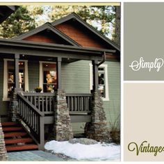 the front and side of a house with stone steps leading up to it's porch