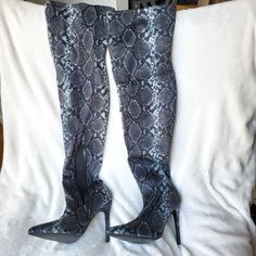 Asos Blue Snakeskin (Pattern) Spandex, Thigh High/Over The Knee, High Heel Boots. Brand New, Never Worn. Uk Size 8 (Us Size 10) Chic Fitted Gray Boots, Gray Fitted Boots For Fall, Snake Print Party Boots, Knee High Heel Boots, Asos Shoes, Snakeskin Pattern, High Heel Boots Knee, Us Size 10, Heel Boots