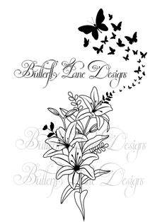 butterflies and flowers with the words butterfly lane designs in black ink on a white background