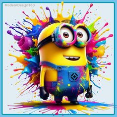 a minion with colorful paint splattered on it's face and eyes