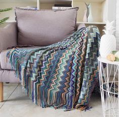 Blue & Orange Chevron Knit Throw Blanket - Gals and Dogs Boutique Limited Striped Sofa, Fringe Throw Blanket, Couch Throw Blanket, Woven Throw Blanket, Boho Bedding, Plaid Blanket, Sofa Blanket, Boho Dekor, Woven Throw