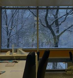 an office area with desks and chairs in front of a large window that looks out onto the snow covered trees outside