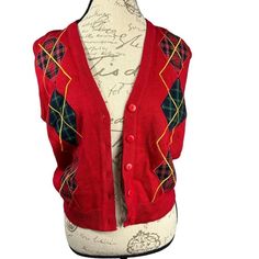 Christmas Vest Size Small No Rips No Stains Tags Plaid, Ugly Christmas Sweater, Vintage, Nwot, Sleeveless, Knit Red Casual Holiday Cardigan, Casual Red Holiday Cardigan, Red Festive Outerwear For Fall, Red Retro Winter Cardigan, Retro Red Winter Cardigan, Festive Red Outerwear For Holidays, Fitted Fall Holiday Outerwear, Fitted Fall Outerwear For Holiday, Red Winter Festive Outerwear