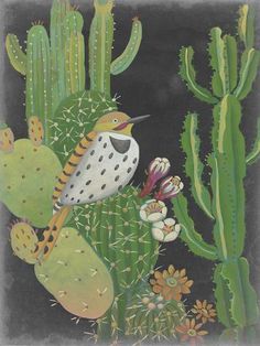 a painting of a bird sitting on top of a green cactus with flowers and cacti