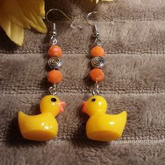 These Duck Earrings Are So Cute. They Are Lightweight Pastic With Matching Glass And Metal Beads. From A Smoke Free Pet Friendly Home. Duck Jewelry, Duck Earrings, Funky Jewelry, Hand Crafted Jewelry, Crafted Jewelry, Rubber Duck, Metal Beads, Orange Yellow, Handcrafted Jewelry