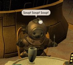 a cartoon character sitting at a table with a cup in front of him and an empty thought bubble above his head