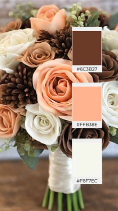 a wedding bouquet with peach, brown and white flowers is shown in color swatches