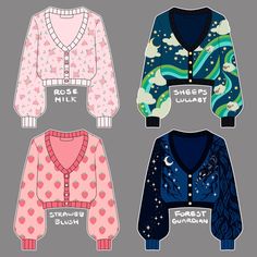 four sweaters with different designs on them