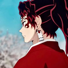 an anime character with red hair and earrings looking at something in the distance while standing next to him