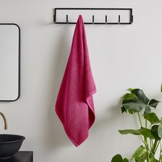 a pink towel hanging on the wall next to a black sink and potted plant