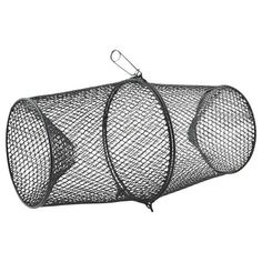 two large metal mesh baskets hanging from hooks on a white background with clippings