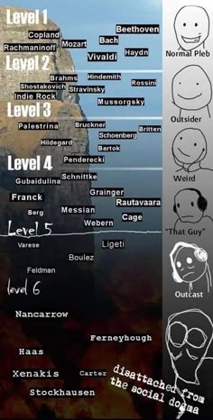 an info sheet with different faces and words on the side of it, along with text that reads level 1 level 2 level 3 level 4 level 4