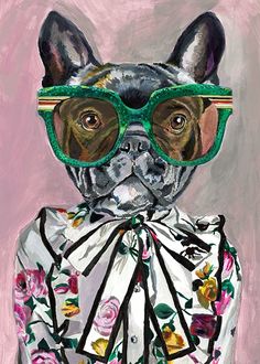 a painting of a dog wearing glasses and a dress with flowers on it's chest