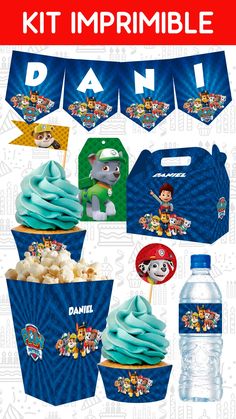 paw patrol birthday party package with cupcakes, water bottle and decorations for kids