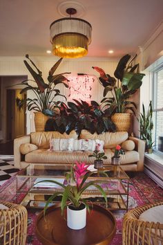 a living room filled with lots of furniture next to a large potted plant on top of a table